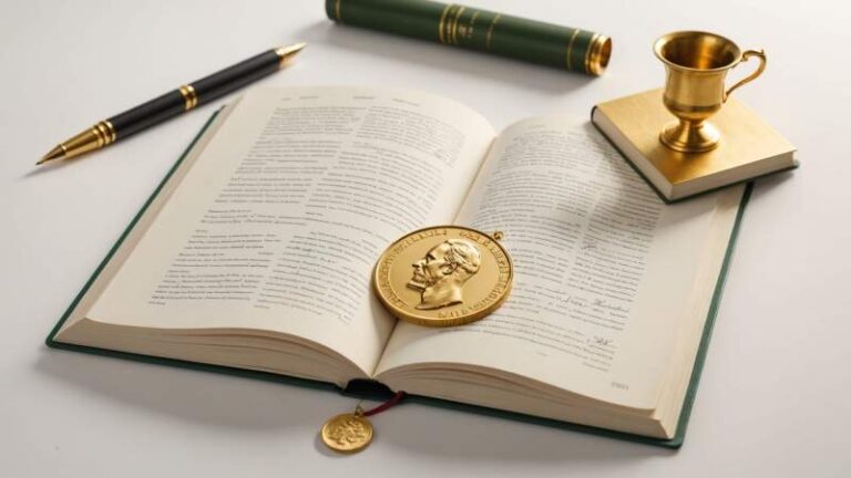A minimalist illustration of a golden Nobel Prize medal on an open book with a quill pen and eucalyptus leaf, symbolizing Nobel Prize Day in Australia.