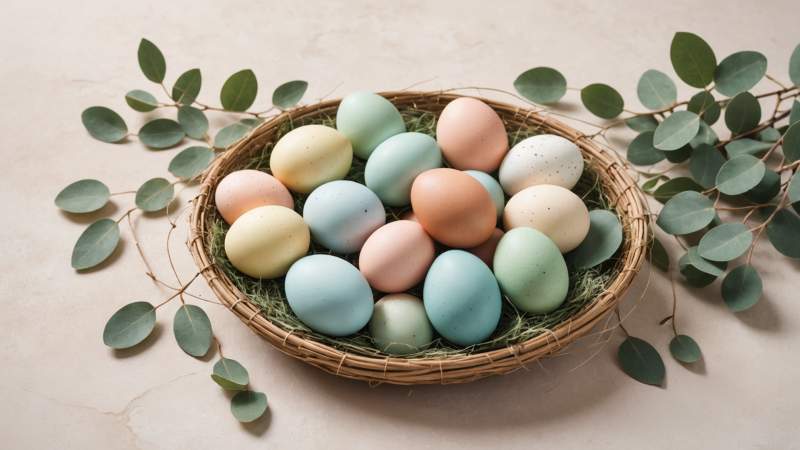 Pastel Easter eggs with eucalyptus leaves softly arranged on a watercolor background symbolizing Easter in Australia.