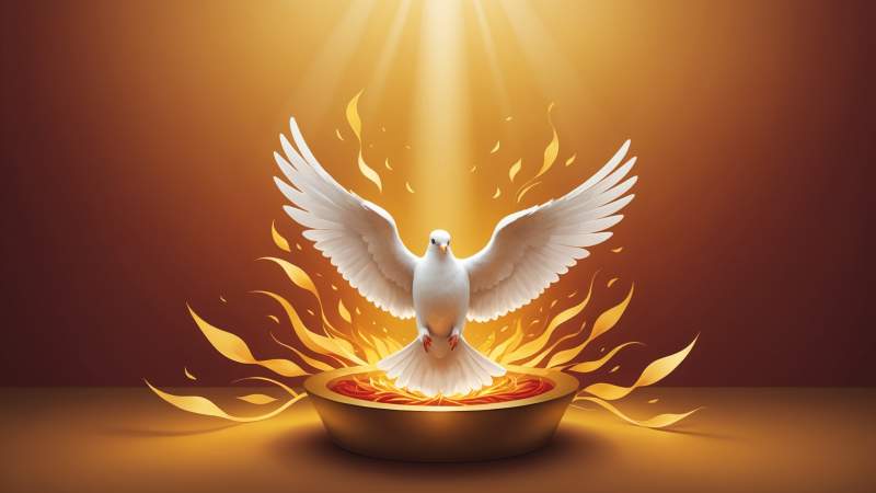 A minimalist illustration of a glowing dove and flames symbolizing Pentecost with warm golden light.