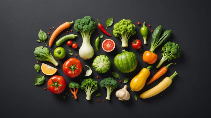 A minimalist flat design illustration of fresh vegetables and fruits with natural vegan symbols representing International Vegan Day in Australia.