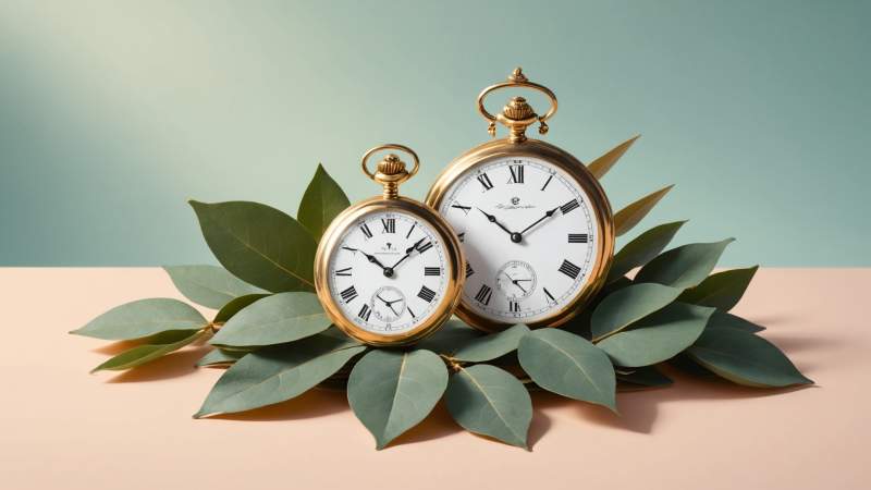 An elegant vector illustration of a British crown, vintage pocket watch, and eucalyptus leaves symbolizing Queen Victoria's birthday in Australia.