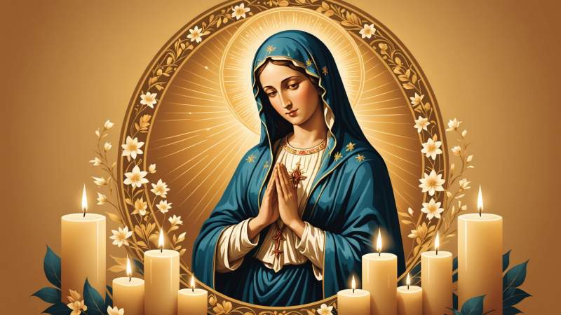 An elegant vector illustration of a Virgin Mary icon framed by glowing candles and floral motifs symbolizing the Presentation of the Blessed Virgin Mary, with warm golden light.