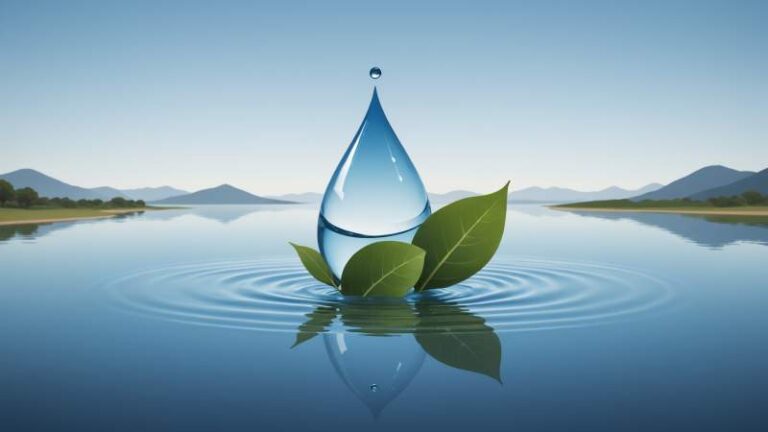 A minimalist illustration showing symbolic water droplets, a flowing river shape, and eucalyptus leaves representing water resources in Australia.