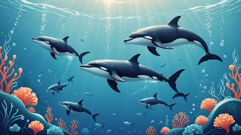 Minimalist illustration of whales and dolphins swimming with ocean waves and Australian coastal elements.