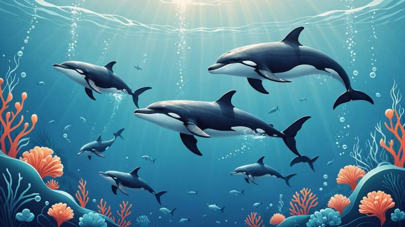 Minimalist illustration of whales and dolphins swimming with ocean waves and Australian coastal elements.