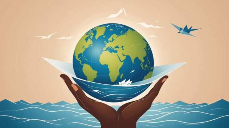 A symbolic illustration showing a globe with a protective hand and a paper boat representing refugees and hope in Australia