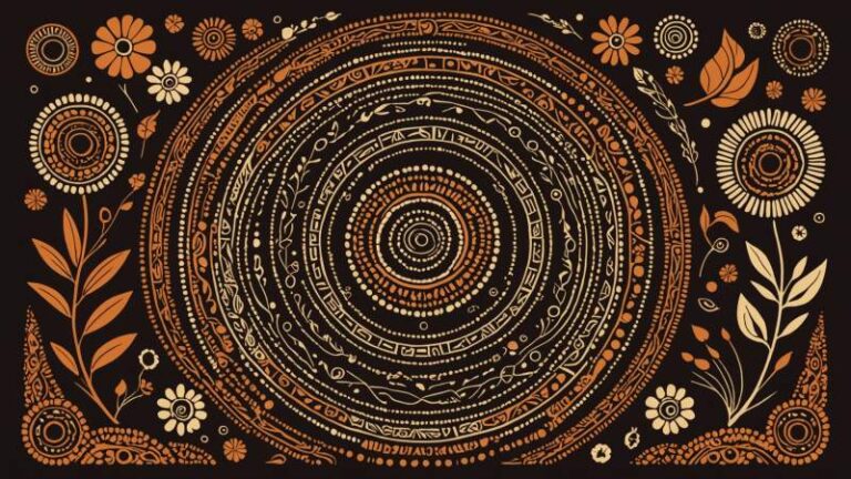 Vector illustration of Aboriginal Australian symbols including dot painting patterns and boomerangs representing NAIDOC Week in Australia.