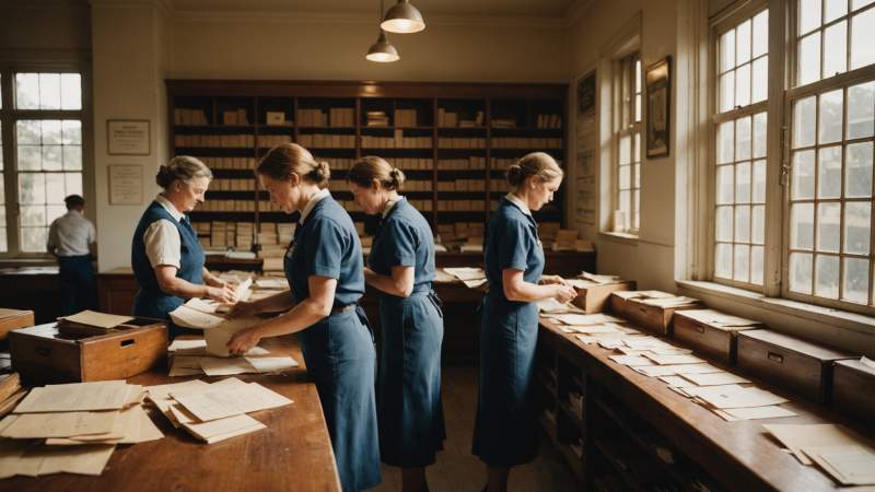 Interior of a vintage Australian post office with postal workers sorting mail