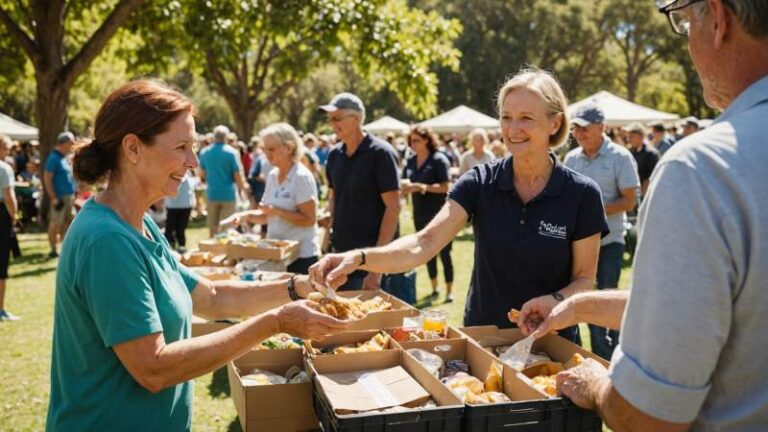 Volunteers distributing food and essentials to people in need at a community charity event in an Australian park