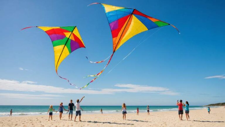 A family flying a colorful kite on a sunny Australian beach with clear blue sky