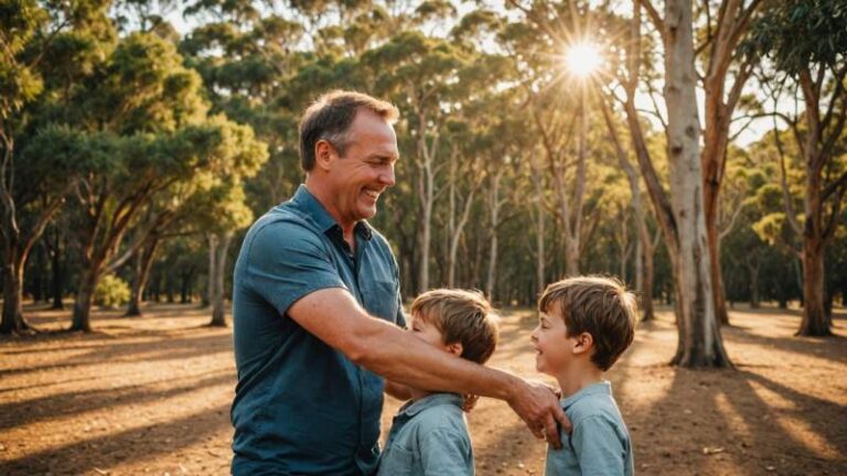 A father and son playing and laughing together outdoors in a sunny Australian park with eucalyptus trees