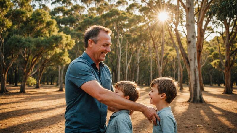 A father and son playing and laughing together outdoors in a sunny Australian park with eucalyptus trees