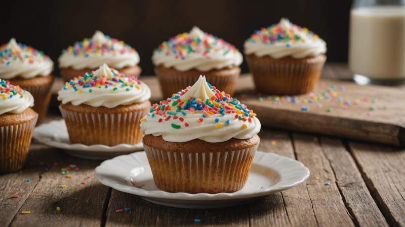 A freshly baked cupcake with colorful sprinkles and creamy frosting on a rustic wooden table in natural daylight