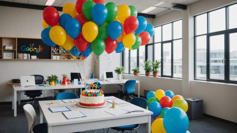 A modern office decorated with balloons and a Google-themed cake celebrating Google's birthday in Australia
