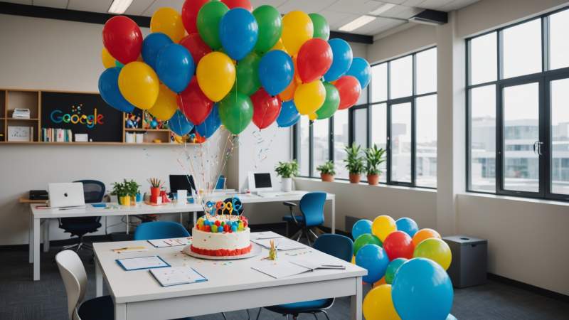 A modern office decorated with balloons and a Google-themed cake celebrating Google's birthday in Australia