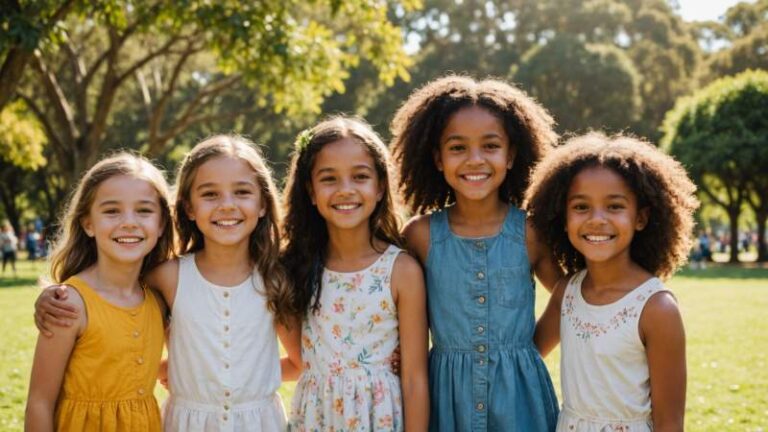 A group of diverse young girls smiling and playing together in a sunny Australian park celebrating International Day of the Girl
