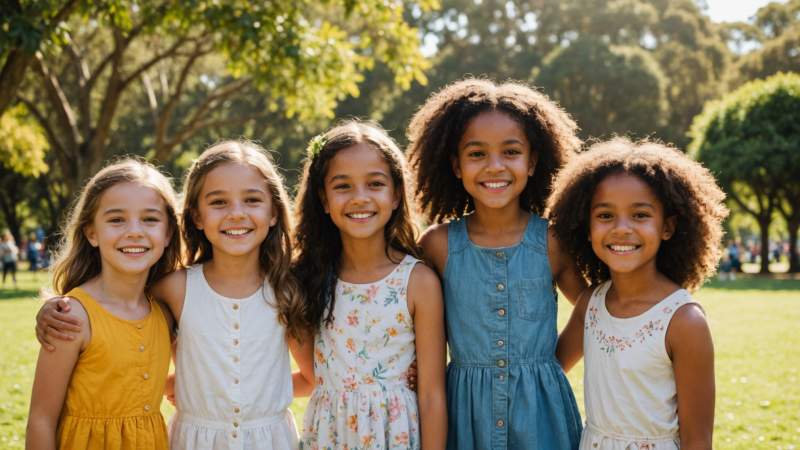 A group of diverse young girls smiling and playing together in a sunny Australian park celebrating International Day of the Girl