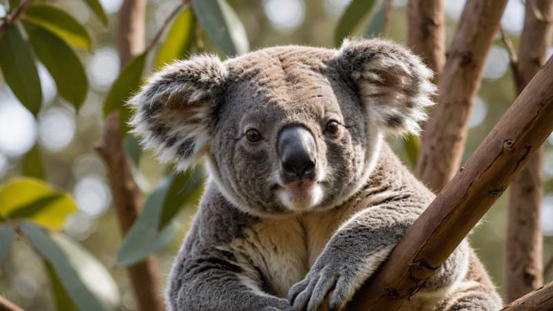 A koala resting on a eucalyptus tree branch in an Australian wildlife sanctuary on World Animal Protection Day