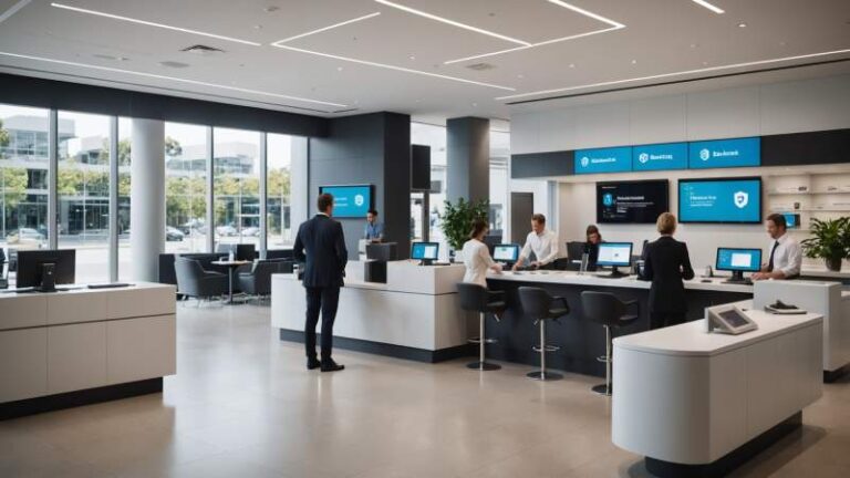 Interior of a modern Australian bank with customers and employees interacting at counters in natural daylight.