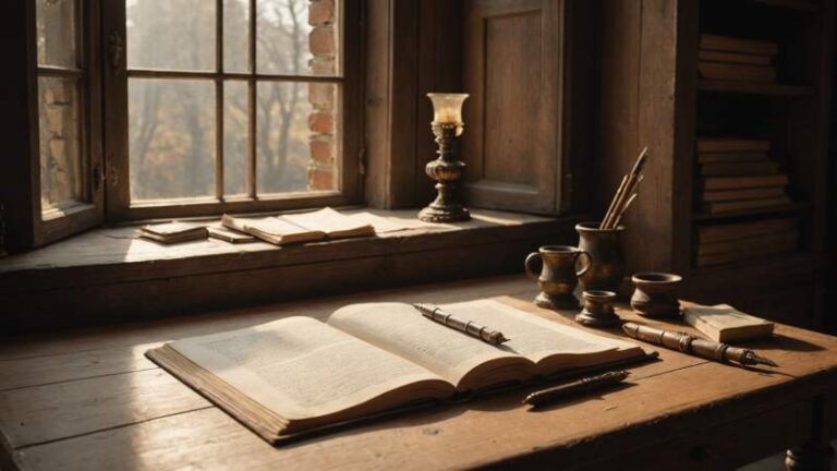 A sunlit study room with an open ancient manuscript and quill pen on a wooden desk representing Saint Jerome's scholarly work in Australia.