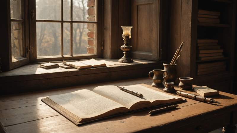 A sunlit study room with an open ancient manuscript and quill pen on a wooden desk representing Saint Jerome's scholarly work in Australia.