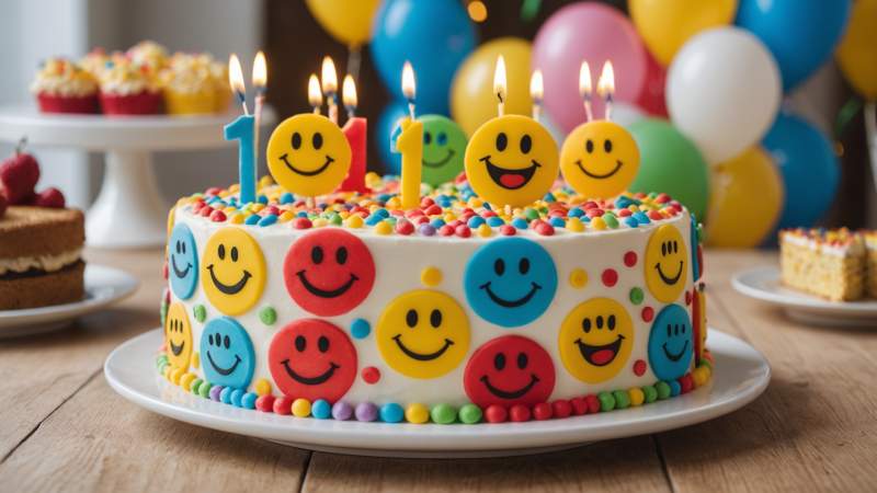 A colorful birthday cake decorated with smiley face emojis on a festive table in Australia