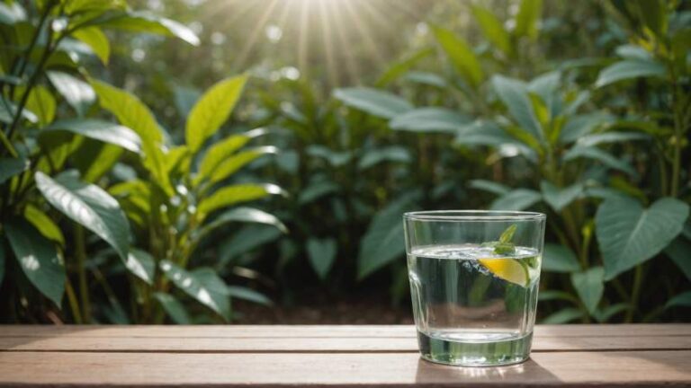 A clear glass of water on a wooden table outdoors with green plants in soft natural light symbolizing sobriety day in Australia