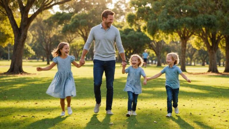 A parent playing with their son and daughter in a sunlit Australian park with eucalyptus trees.