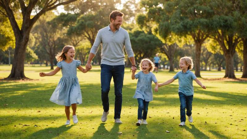 A parent playing with their son and daughter in a sunlit Australian park with eucalyptus trees.