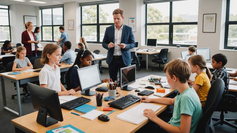 Children and adults interacting in a bright Australian office during Take Your Daughter and Son to Work Day