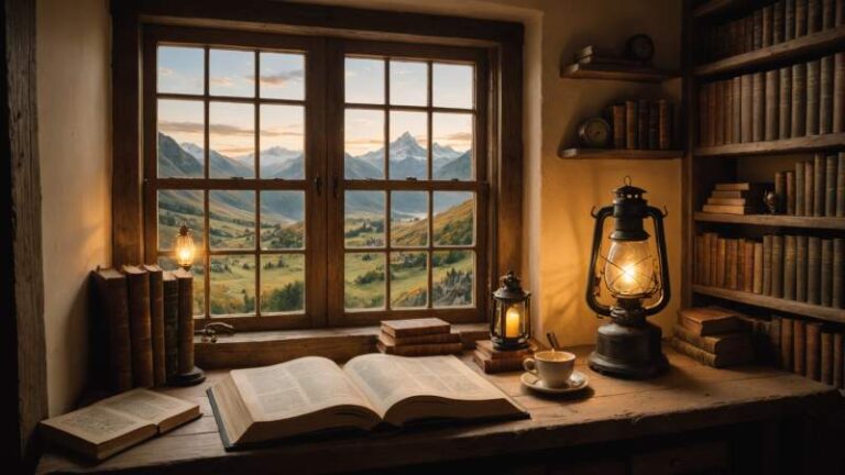 A cozy reading nook with an open J.R.R. Tolkien book, vintage maps, and a glowing lantern, celebrating Tolkien's legacy in Australia.