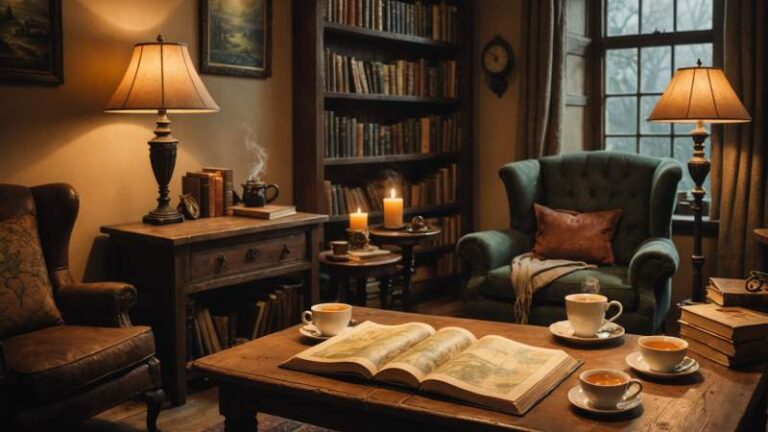 A wooden table with open fantasy books and maps, a cup of tea, and a cozy armchair in warm lighting representing Tolkien reading day in Australia