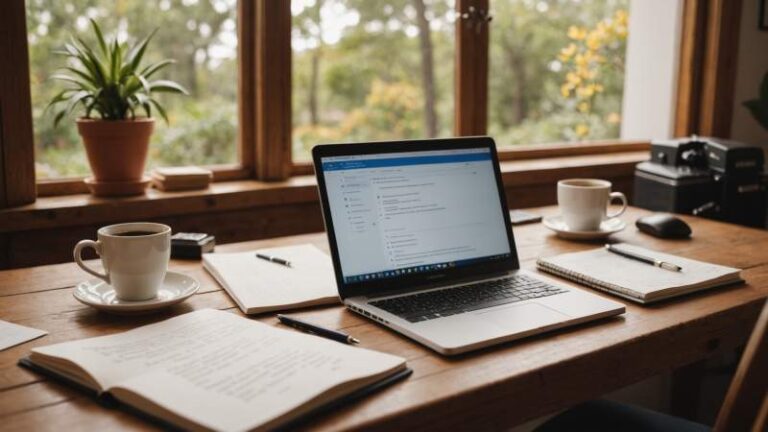 A translator's desk with a laptop showing multilingual text, a notebook, coffee cup, and dictionary in natural daylight, representing International Translation Day in Australia.