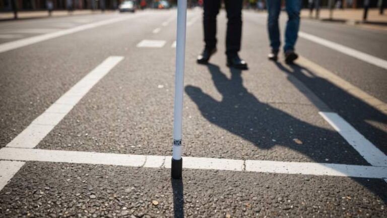 Close-up of a white cane on an Australian city sidewalk near a pedestrian crossing, symbolizing White Cane Safety Day
