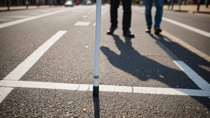 Close-up of a white cane on an Australian city sidewalk near a pedestrian crossing, symbolizing White Cane Safety Day