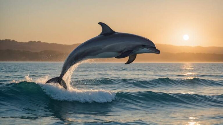 A dolphin jumping out of the ocean near the Australian coast during golden hour, symbolizing World Dolphin Day.